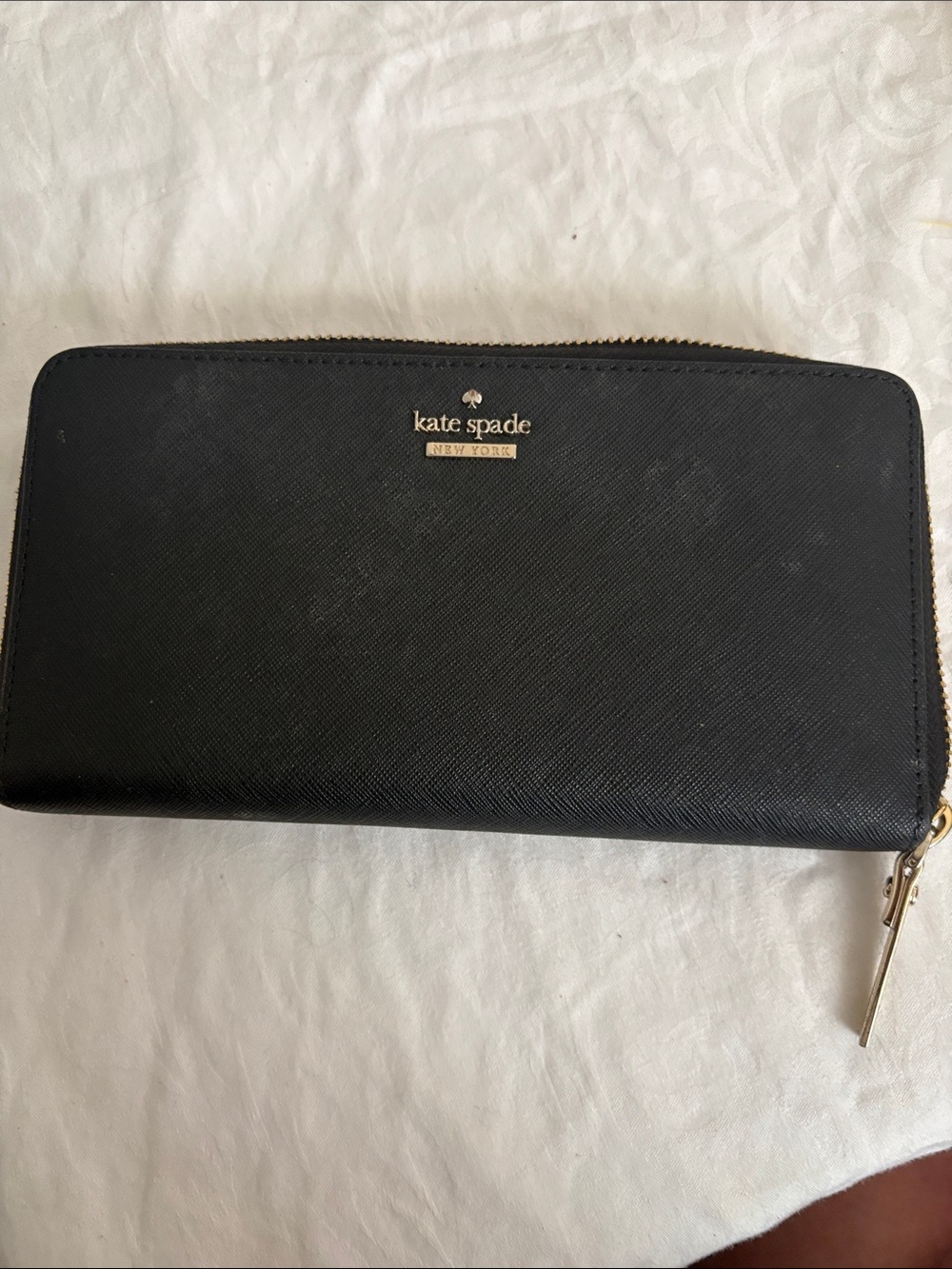 kate spade Black Saffiano Zip-Around Wallet with Gold Logo